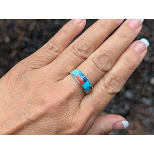 Handcrafted Navajo Inlay Multi Stone Ring Native American Jewelry Sz 9.5US ***